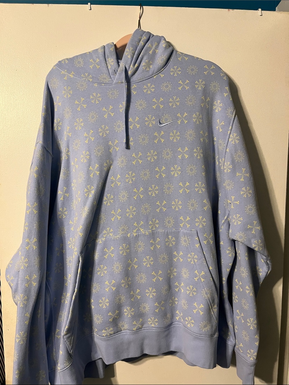 Nike Light Blue Hoodie with Cream Snowflake Print